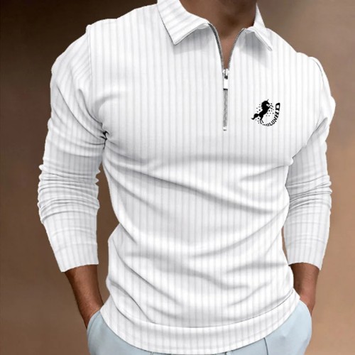 Men's Long Sleeve Zipper Polo Shirt - Casual Fashion Polo with Logo Print