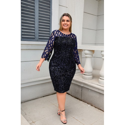 Elegant Plus Size Sequin Lace Bodycon Party Dress – Long Sleeve Midi for Women