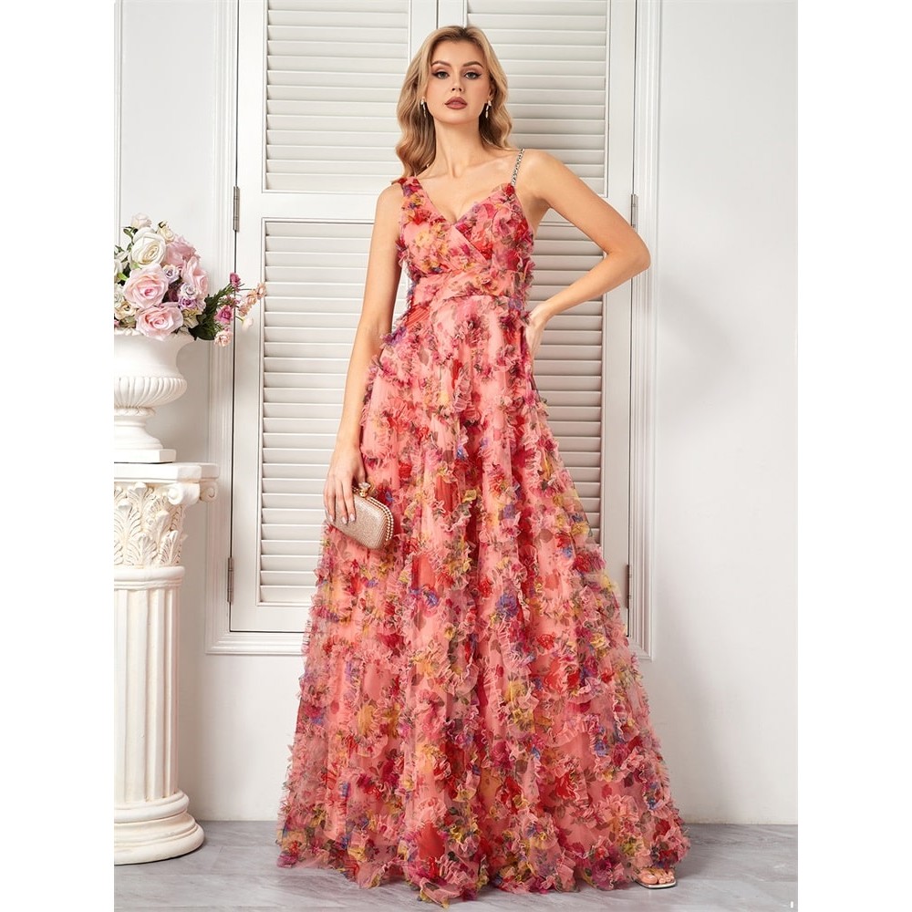 Luxury Pink Floral V-Neck Evening Dress – Elegant Tulle Floor-Length Cocktail Gown