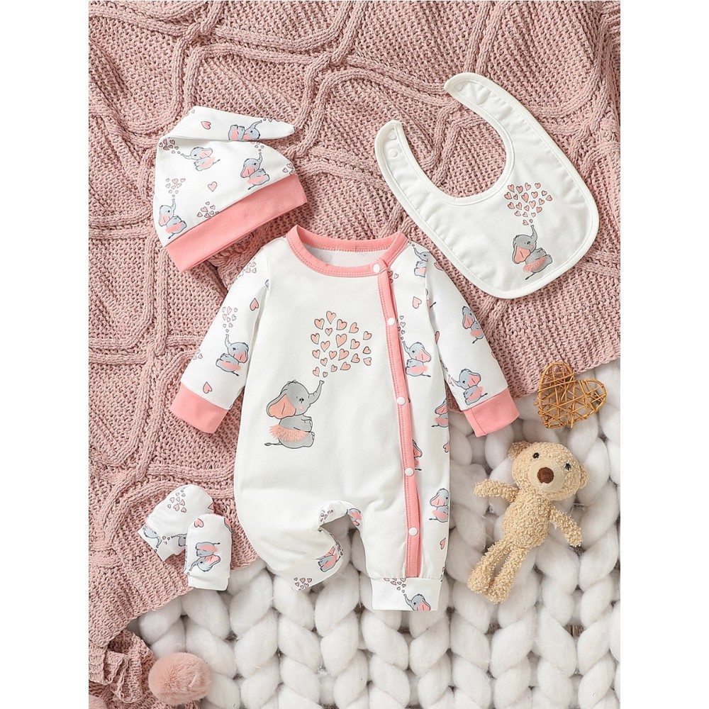 4Pcs Baby Girls Cartoon Deer Jumpsuit Set | Includes Bib, Gloves, and Hat | All Seasons