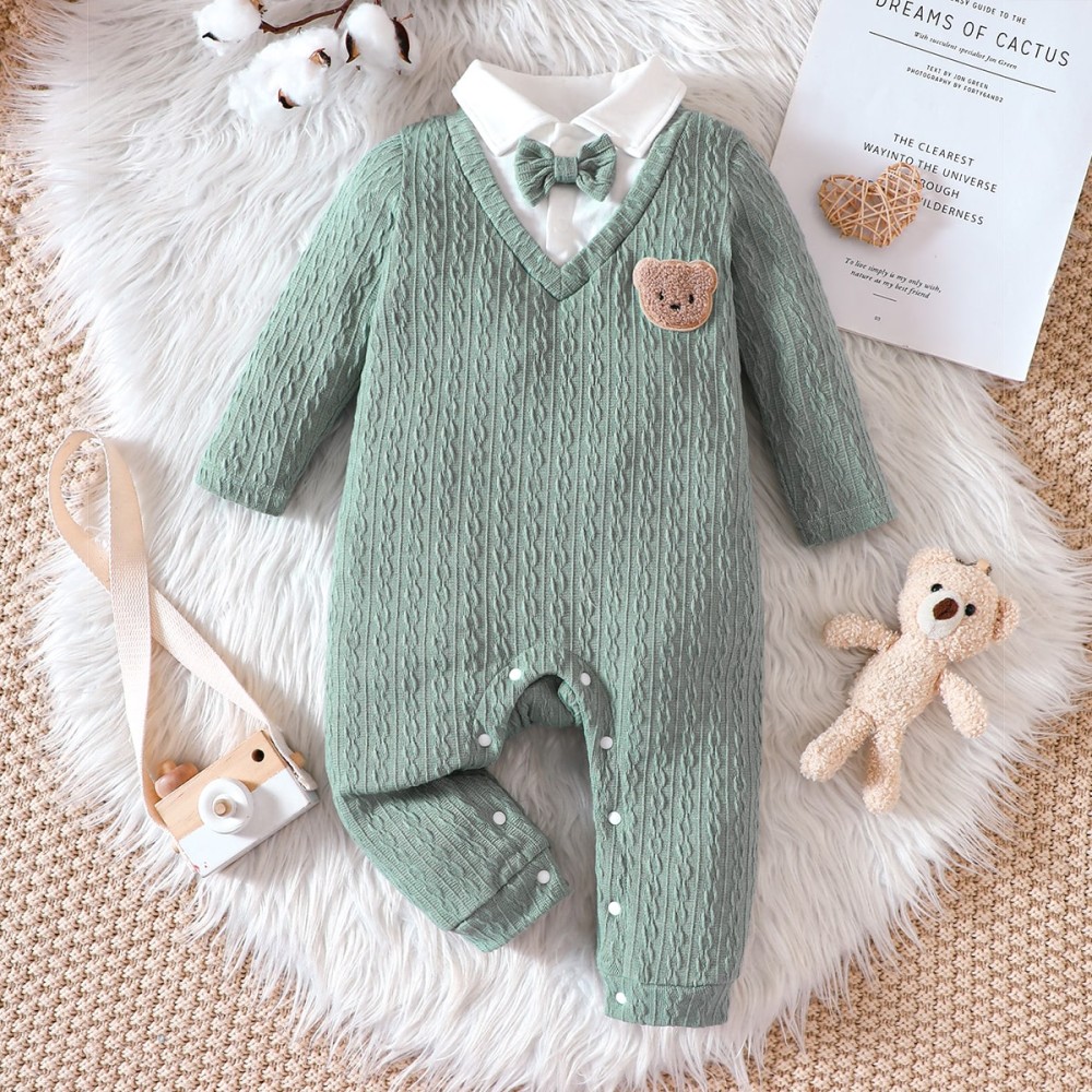 Spring & Autumn Polo Neck Long Sleeve Bow Romper – Boys & Girls (6-24 Months)