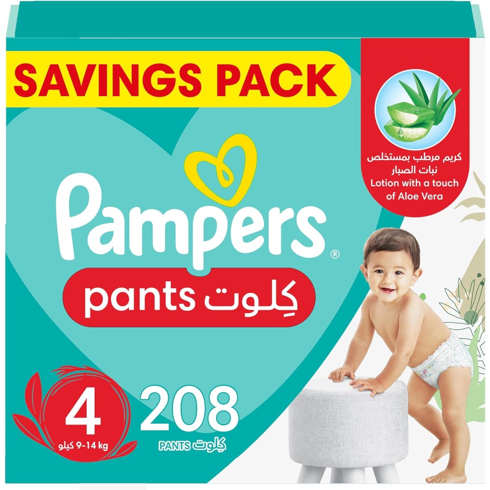 Pampers Baby-Dry Pants Diapers with Aloe Vera, Size 4 (9-14kg), 208 Count, Leakproof & 360° Fit