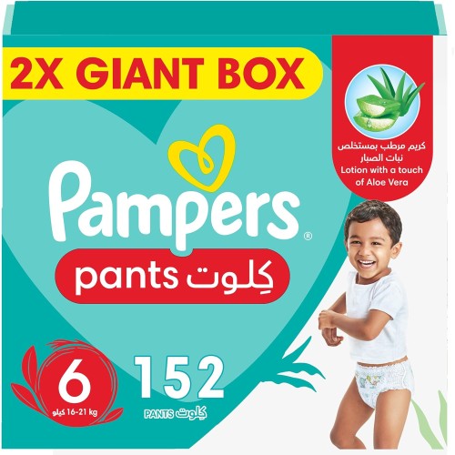 Pampers Baby-Dry Pants 152 Diapers with Aloe Vera Lotion, 360° Fit & Leakproof, Size 6 (16-21kg)