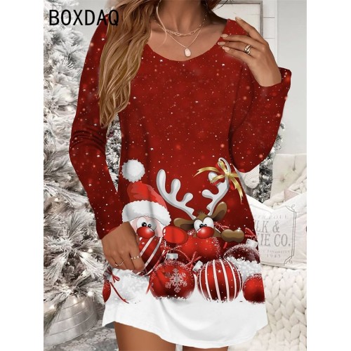 Women's Red Christmas Mini Dress - Snowman & Snowflake Print Casual Long Sleeve