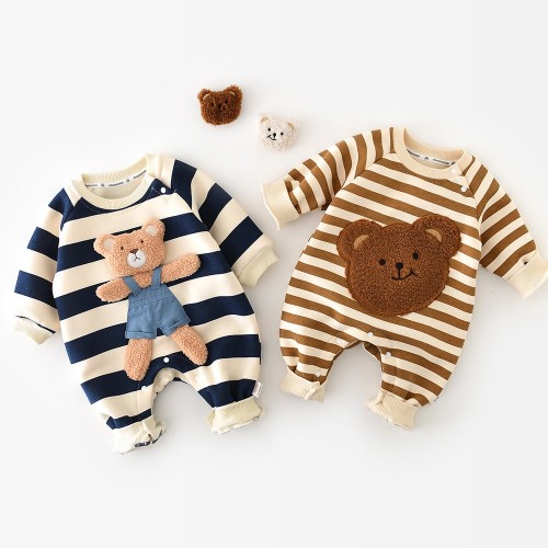 MILANCEL One Piece Baby Rompers – Thicken Lining Striped Bear Outfit for Autumn