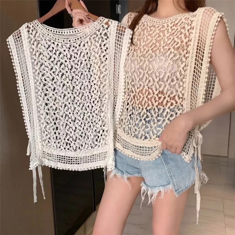 Sexy Summer Crochet Knitted Vest – Lace-Up Hollow Out Sleeveless Top for Women