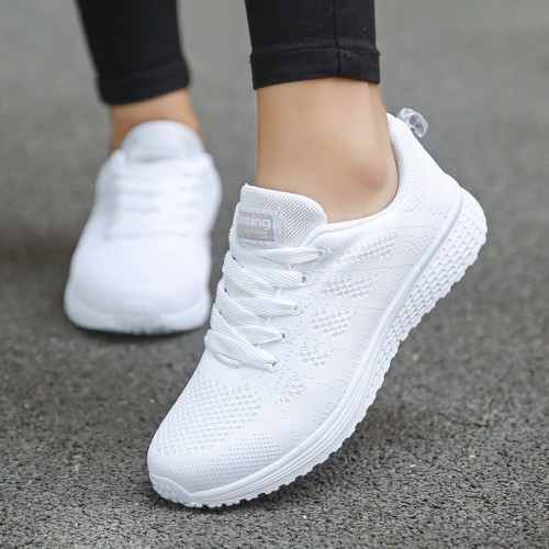 Women's Breathable Mesh Walking Sneakers, White Flat Vulcanized Shoes