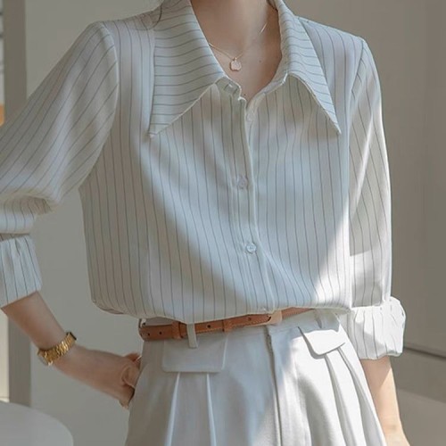 White Striped Women’s Shirt – Elegant Professional Long Sleeve Shirt for Office Wear