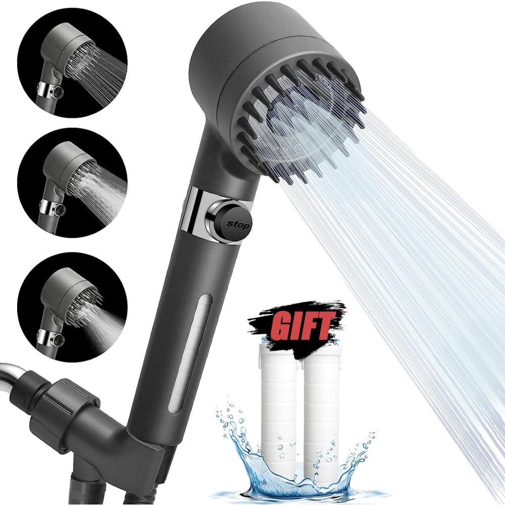 High-Pressure 3-Mode Adjustable Shower Head with Massage Brush & Filter for Bathrooms