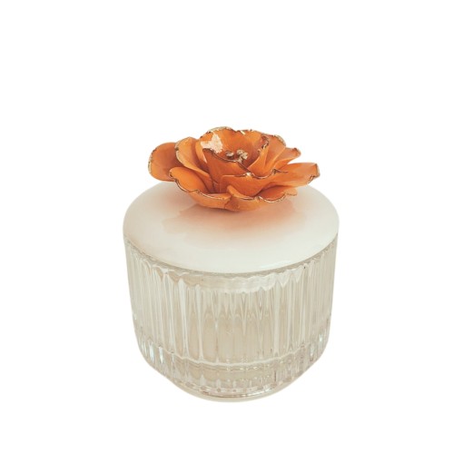 Elegant Orange Magnolia Flower Trinket Glass Jar with Ceramic Lid