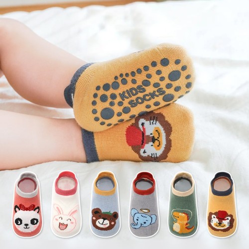 6 Pairs of Kids' Cotton Socks – Cute Cartoon Animal Pattern, Comfy & Breathable, Non-Slip Baby Floor Socks