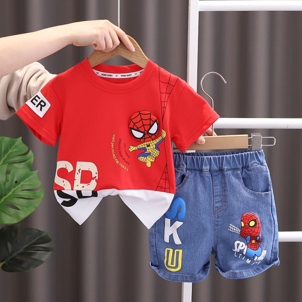 Disney Baby Boys Spiderman T-shirt & Jeans Set – Summer Kids Fashion (80-130 Sizes)