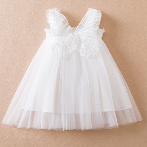 Girls' Flying Sleeve Bow Mesh Princess White Dress - 1-5 Years