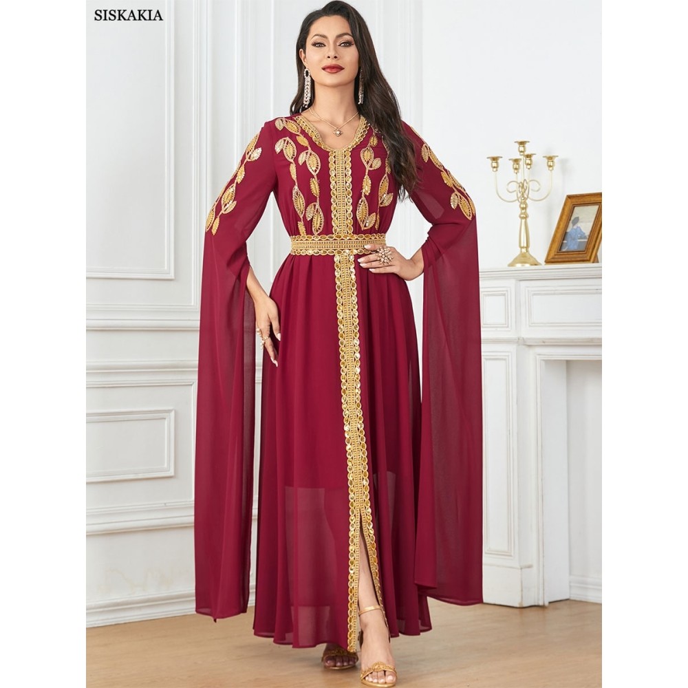 Elegant Tape Trim Abaya with Belt – Super Full Sleeve V-Neck Moroccan Kaftan for Women