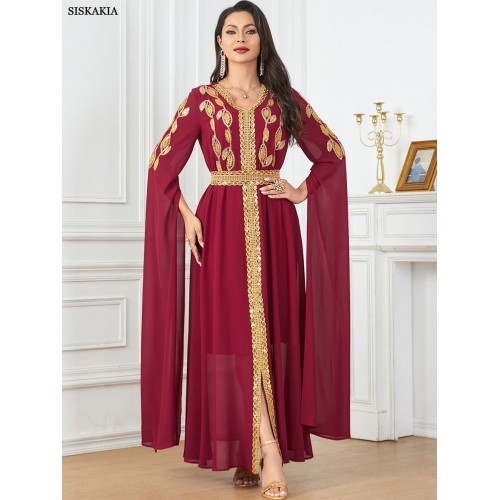 Elegant Tape Trim Abaya with Belt – Super Full Sleeve V-Neck Moroccan Kaftan for Women