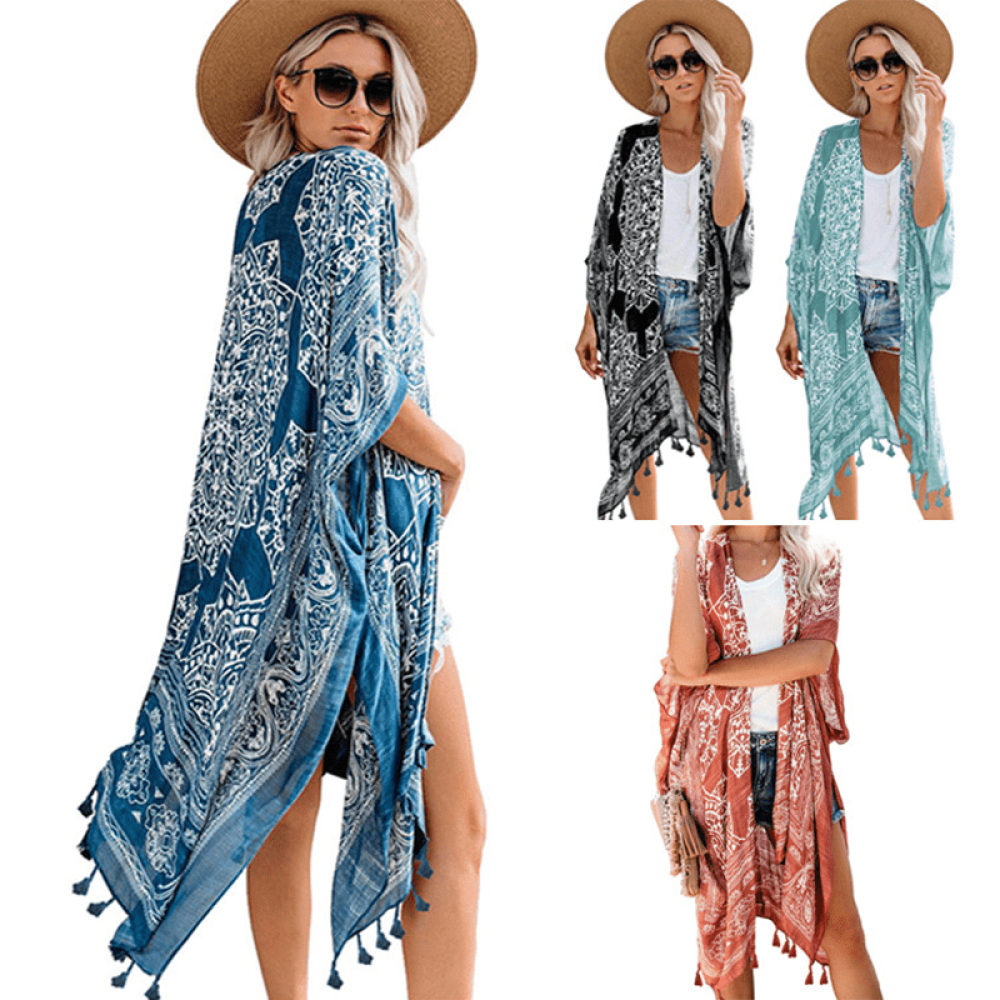 Seaside Vacation Tassel Cover-Up – Casual Printed Beach Cardigan for Women