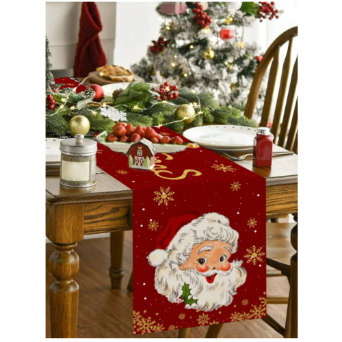 Christmas Table Runner, Santa Linen Table Cover, Wrinkle-Free Dining Table Decoration for Indoor & Outdoor Parties