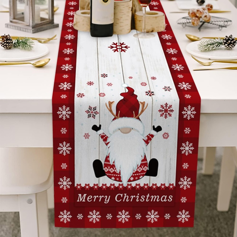 Christmas Table Runner, Santa Linen Cover (33x178 cm), Wrinkle-Free Holiday Décor