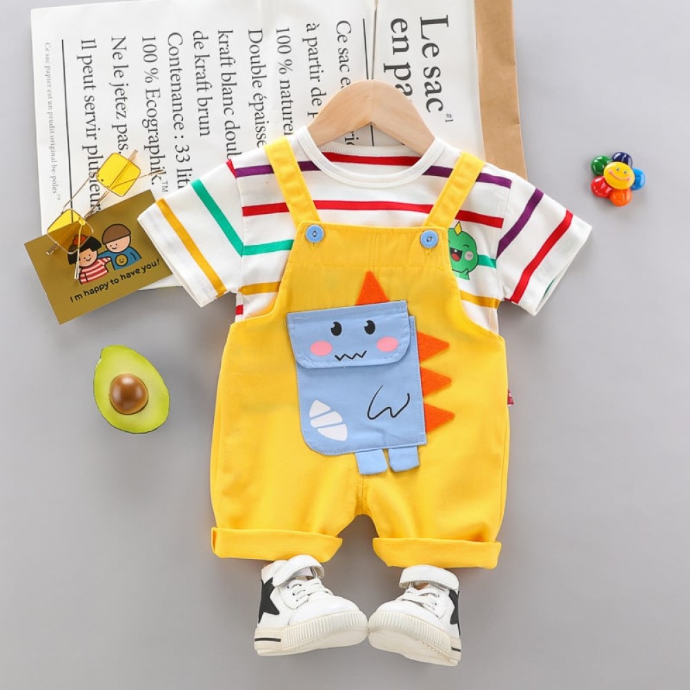 Summer Cotton Overalls Suit for Toddlers, Boys' Striped T-Shirt and Shorts Set