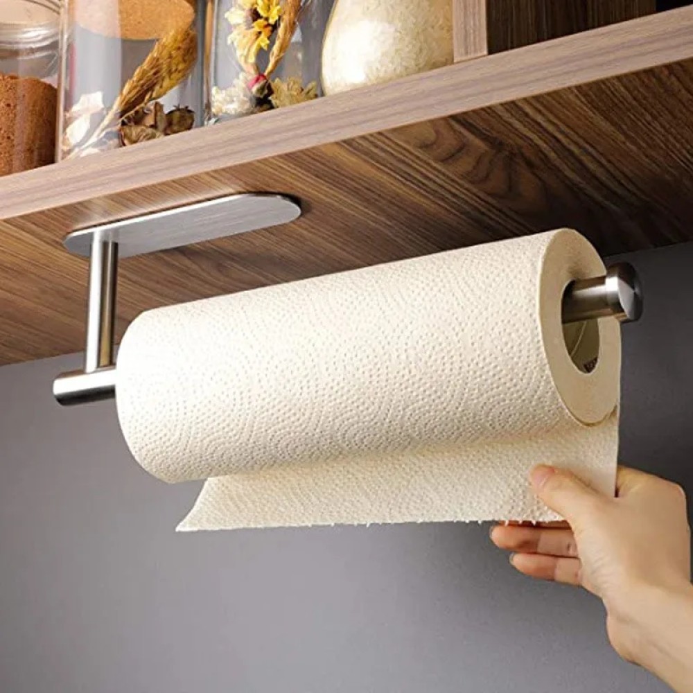 Stainless Steel Self-Adhesive Paper Towel Holder – No-Punching Kitchen & Bathroom Storage Rack