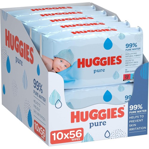 Huggies Pure Baby Wipes, 99% Pure Water, Alcohol-Free, Hypoallergenic, 10 Pack x 56 Wipes (560 Wipes)