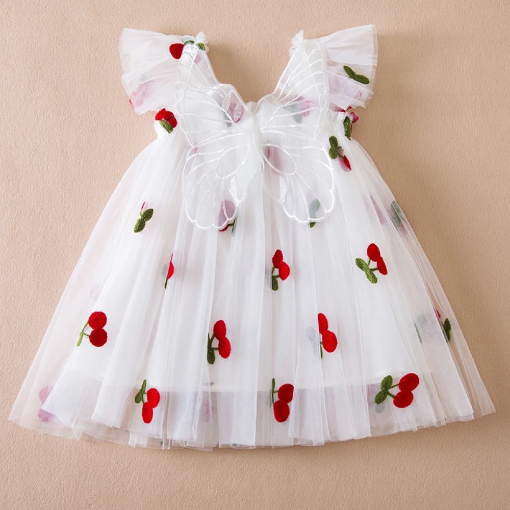 Girls' Cherry Embroidery Mesh Princess Dress - 1-5Yrs