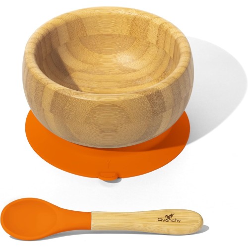 Avanchy Bamboo Suction Baby Bowl with Silicone Spoon – Orange, BPA-Free Baby-Led Weaning Essentials