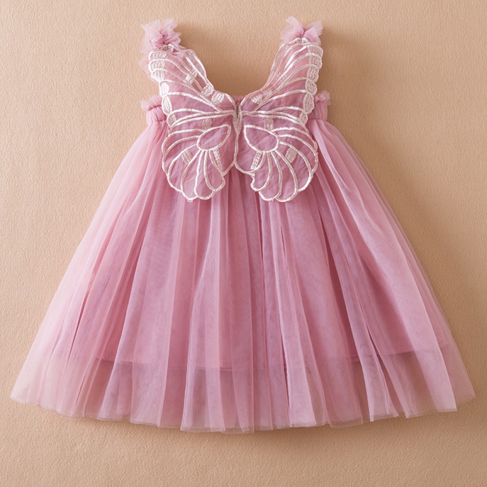 Girls' Flying Sleeve Bow Mesh Princess Pink Dress - 1-5 Years