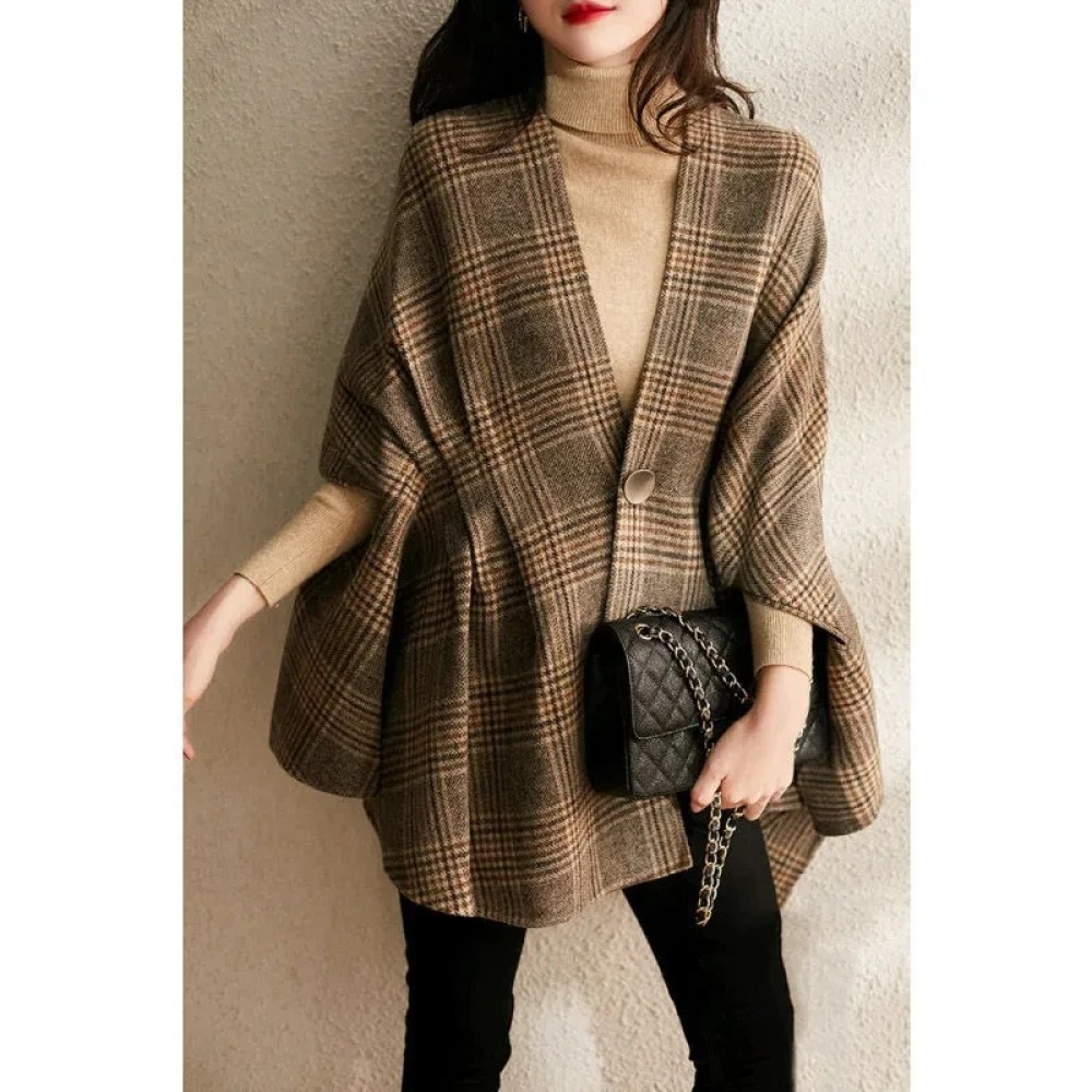 Vintage Plaid Woolen Poncho Coat for Women – Elegant V-Neck Cape Jacket, Office & Casual Chic