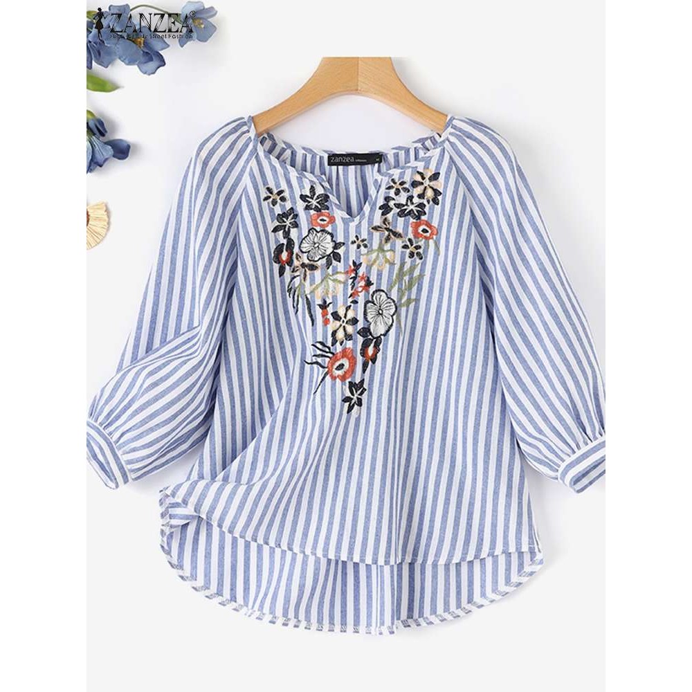 ZANZEA Women's V Neck Embroidered Floral Blouse | Bohemian 3/4 Sleeve Striped Casual Shirt