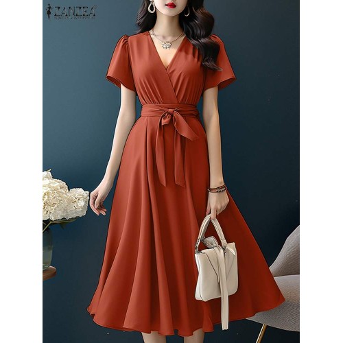 Elegant V-Neck Belted A-Line Sundress – Solid Color Casual Holiday Dress 2024